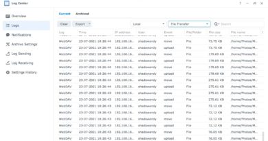 Log Center showing the file movements via WebDAV.