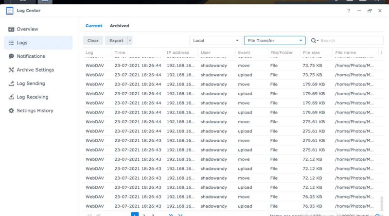 Log Center showing the file movements via WebDAV.