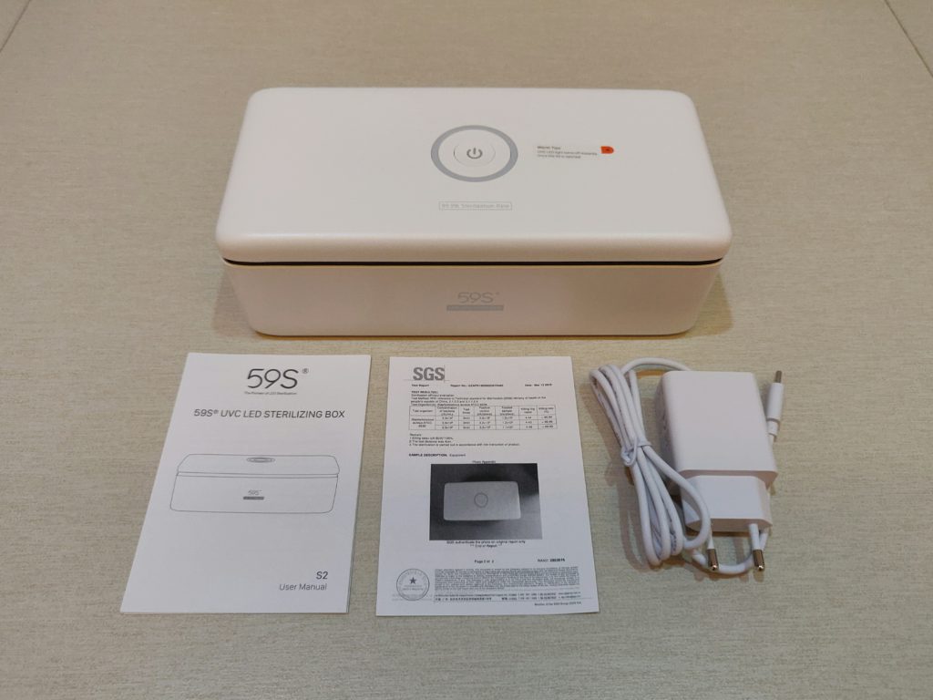 The package contents of the 59S UVC LED Sterilizer Box.