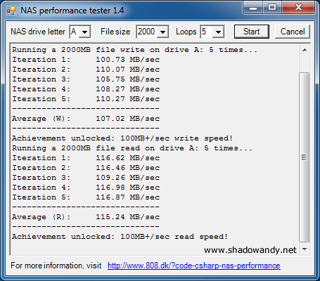 ASUSTOR AS-606T - The AS-606T managed an average of 107.02 MB/sec read and 115.24 MB/sec write for the 2GB test!