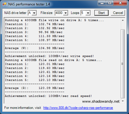 ASUSTOR AS-606T - The AS-606T managed an average of 104.98 MB/sec write and 120.09 MB/sec read in the 4GB test