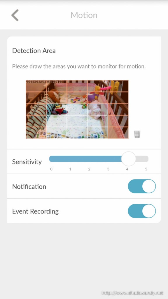 Setting the detection area to be where the baby is going to be. Any moments (above the threshold) will trigger an alert and parents will be notified.