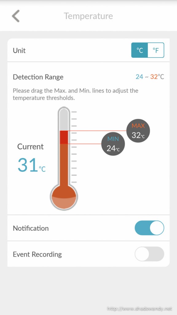 Setting the temperature threshold for the temperature alert. If it is out of the defined zone, the circle (on top of the WiFi Baby Camera) will turn red and an alert will be sent.