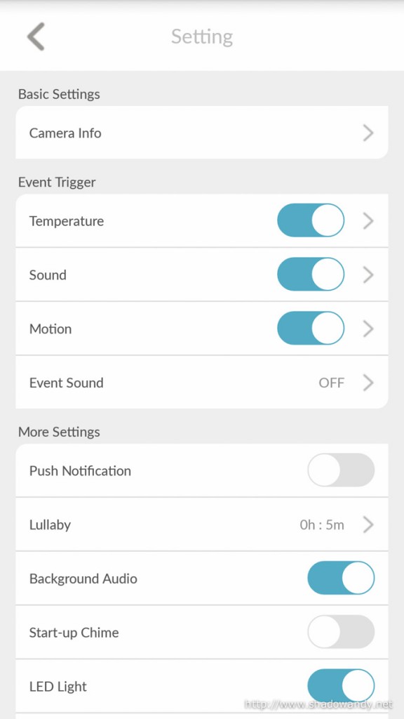 The settings that can be done on the D-Link WiFi Baby Camera.