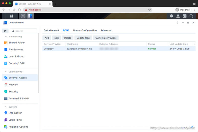 Setting up the DDNS using Synology as the provider.