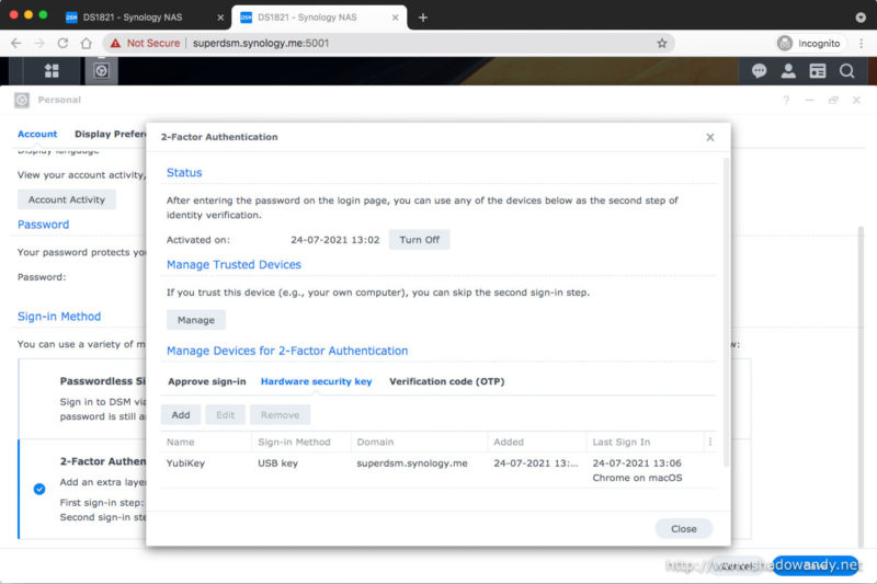 YubiKey is listed as the hardware security key.