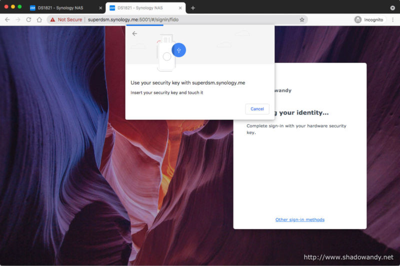 Inserting the security key to my computer and authenticating with DSM.
