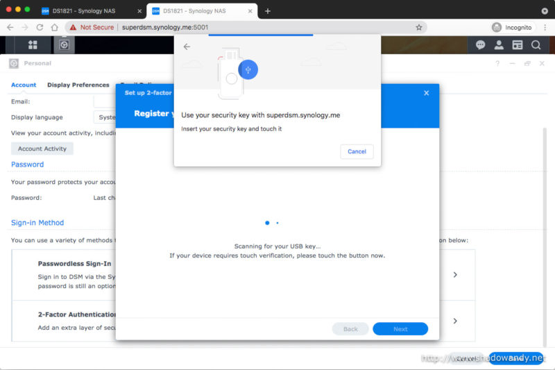 Recognising the hardware security key over FIDO2.