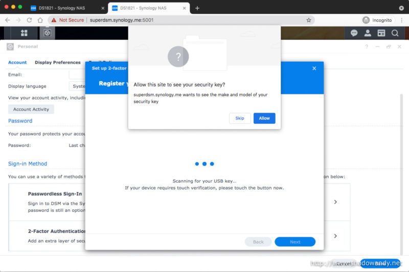 Recognising the hardware security key over FIDO2.