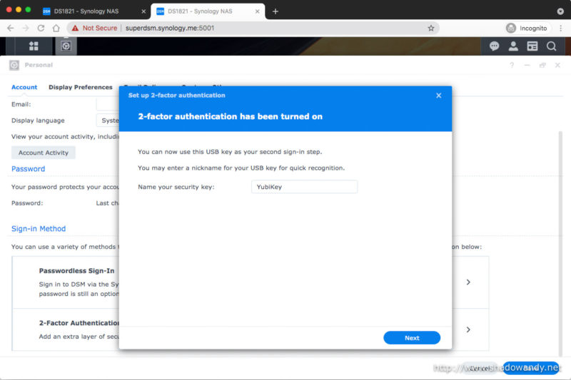 Naming the hardware security key for easy reference in DSM.