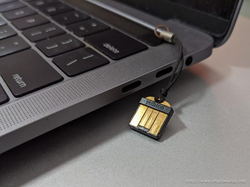 The tiny Yubico YubiKey 5 Nano. Previously I was using a laptop with USB-A ports.