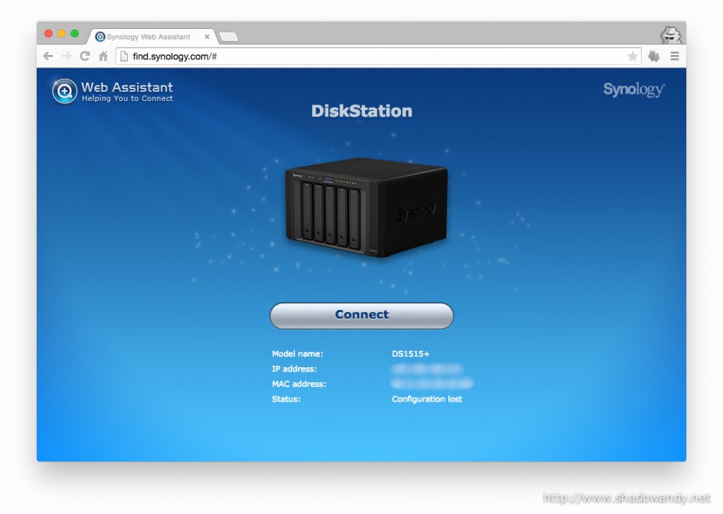 It found my Synology DS1515+! Hit the "Connect" button to proceed with the setup/ migration.