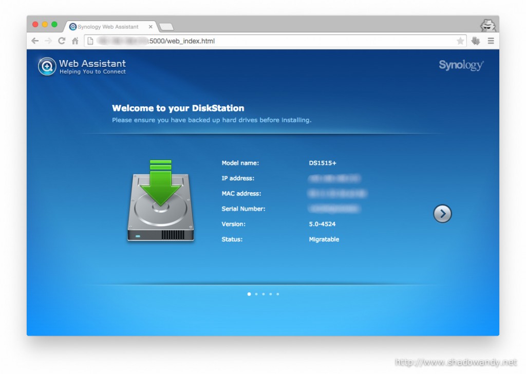 The Synology Web Assistant will inform you that the data are migratable. Ensure that it states "Migratable" in the Status before proceeding. You wouldn't want to format your data away.
