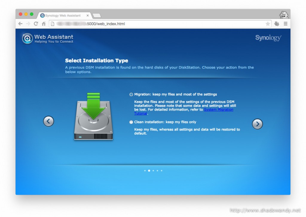 For the installation type, select the migration option to preserve your data from the previous Synology NAS.