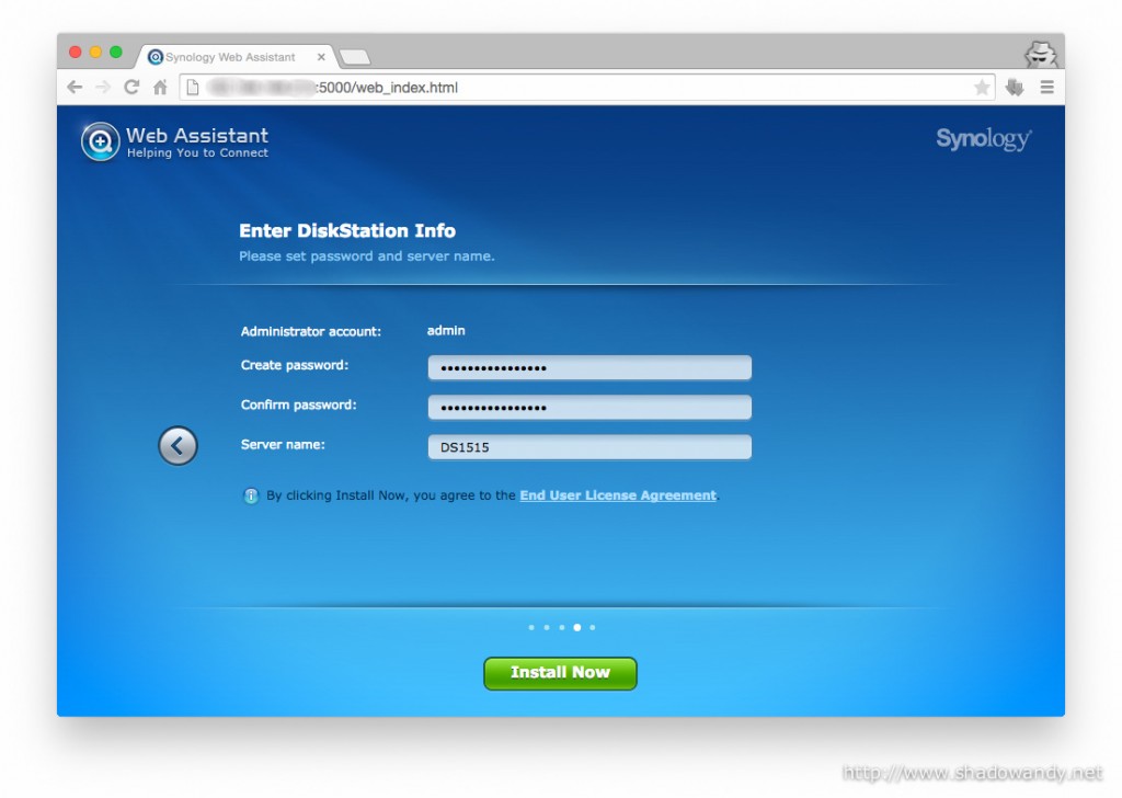 Entering the information for the DiskStation - admin password and server name.