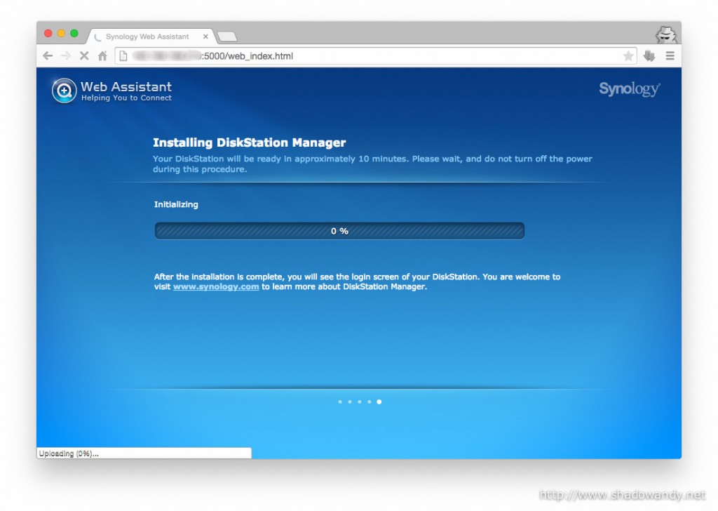 The DiskStation Manager will be installed. Sit back and perhaps grab a drink while it is doing so.