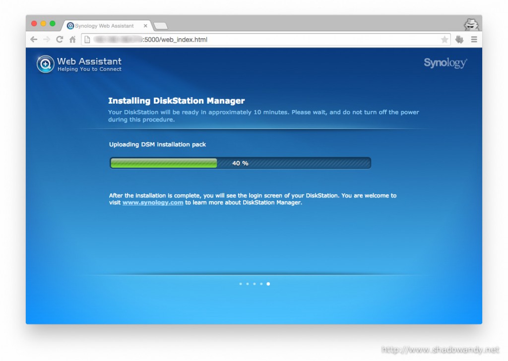 The DiskStation Manager will be installed. Sit back and perhaps grab a drink while it is doing so.