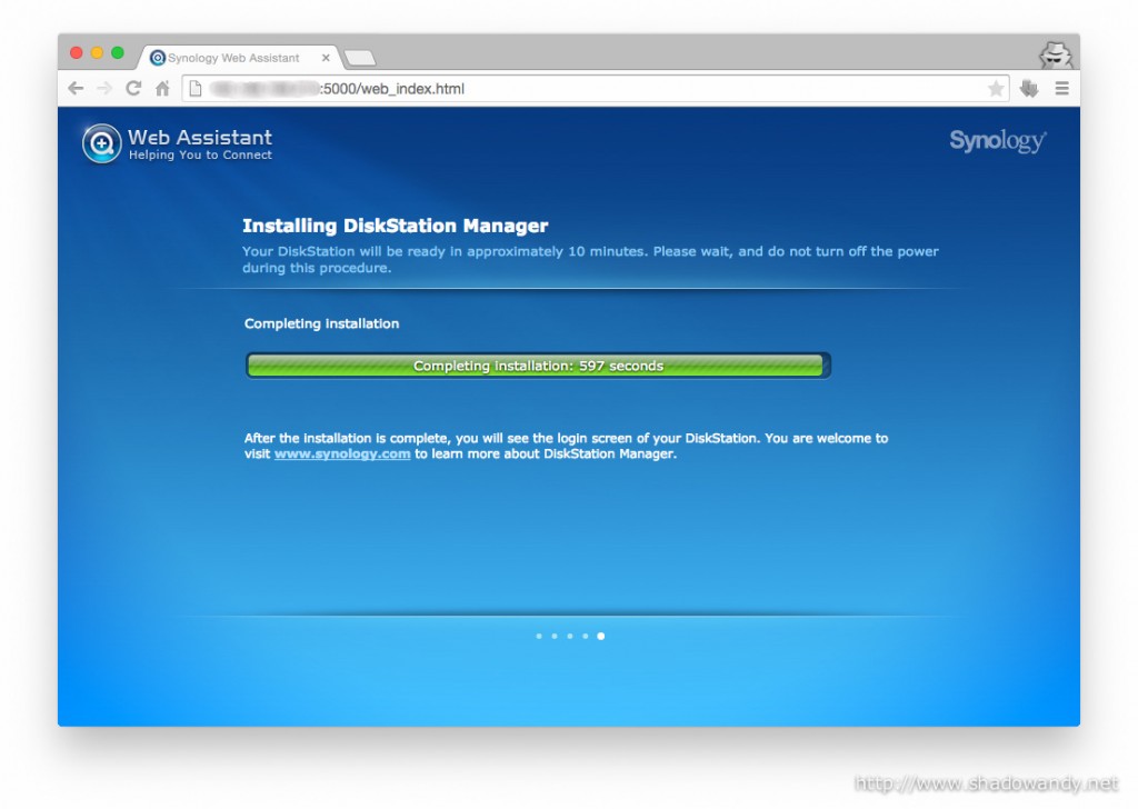 The DiskStation Manager is almost installed! It will reboot into the Web Console once it is done.