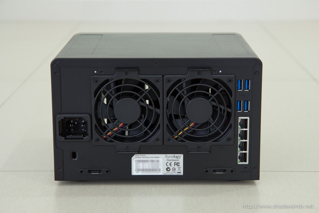 The back panel features the power connector, Kensington lock, 2 x 80mm system fan, 2 x eSATA ports, 4 x USB 3.0 ports, 4 x Gigabit ethernet ports and reset button.