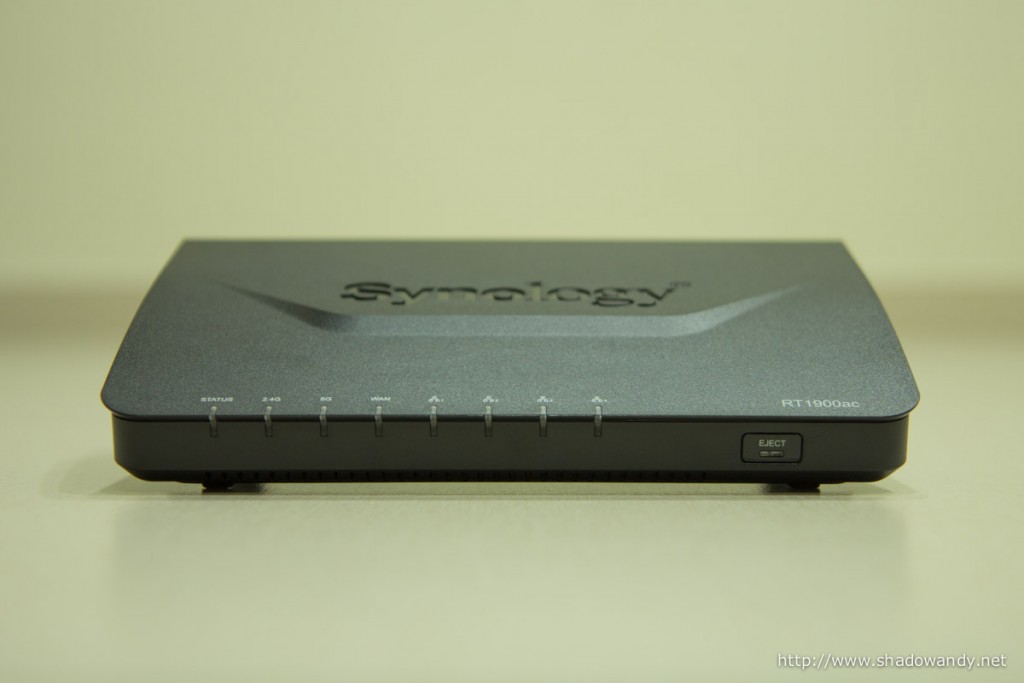 On the front of the Synology RT1900ac are the LED indicator lights and Eject button for mass storage device attached to the USB3.0 port.