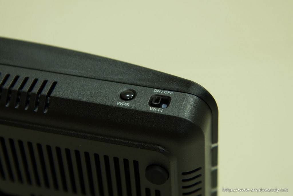 The WPS button and WiFi on/off switch at the side of the Synology RT1900ac.