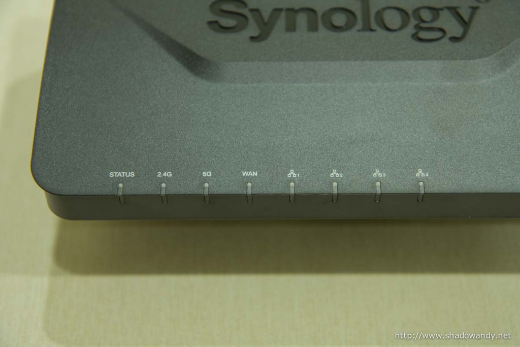 LED indicator lights on the front of the Synology RT1900ac. They blink yellow. How I wished they were blue instead.