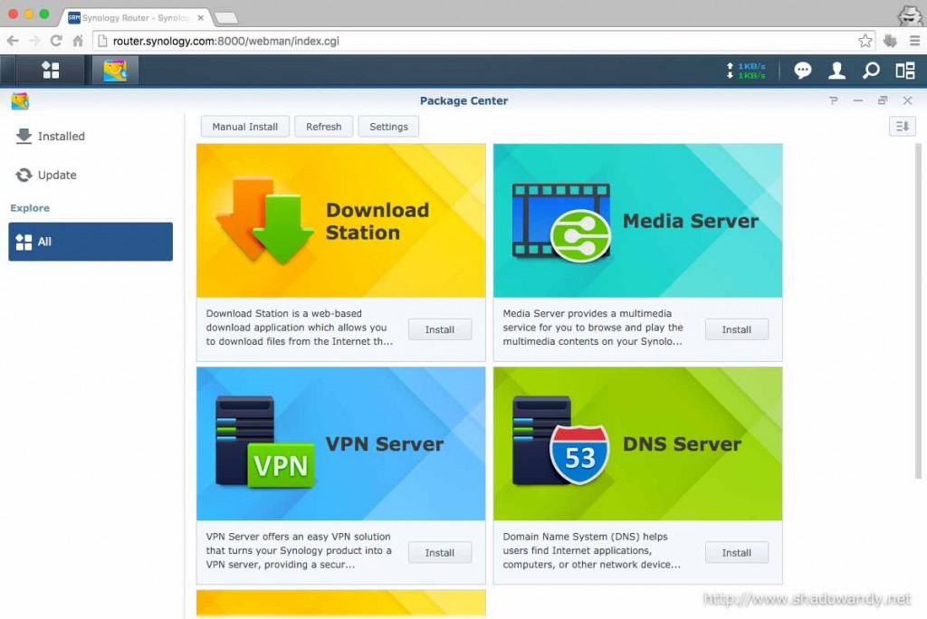 Package Center. This is where you add new applications/capabilities to your Synology RT1900ac.