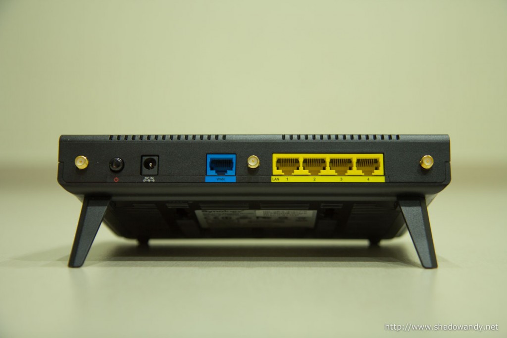 The back of the Synology RT1900ac: Power button, power jack, Gigabit WAN port, Gigabit LAN ports and SMA connectors for antenna.