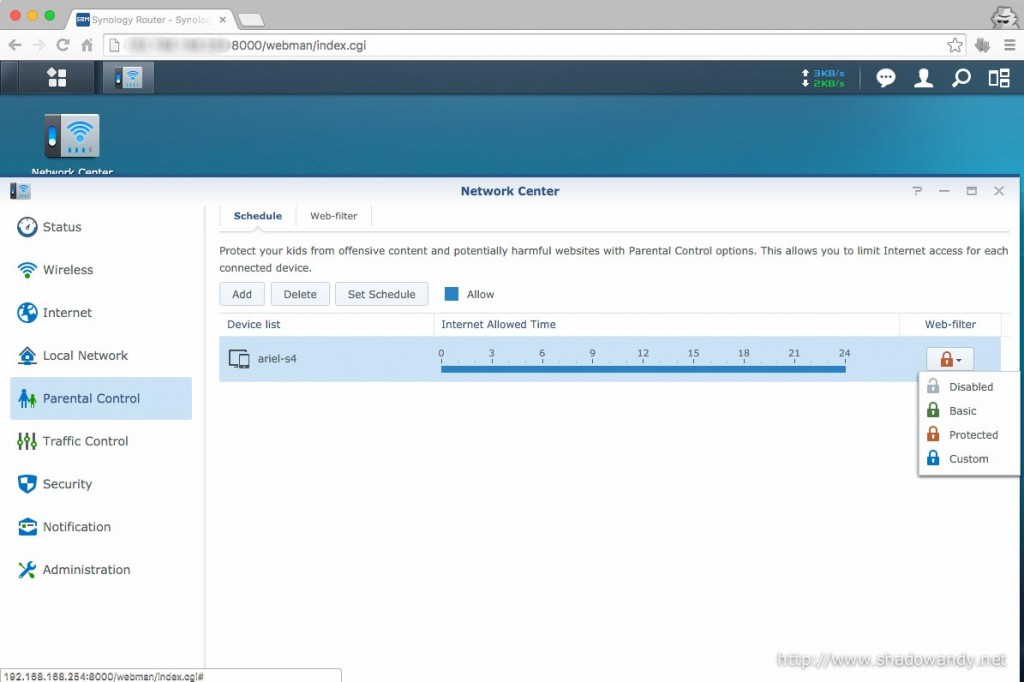The Web-filter feature is under Parental Control. But first, you got to add the device to be controlled to the list.