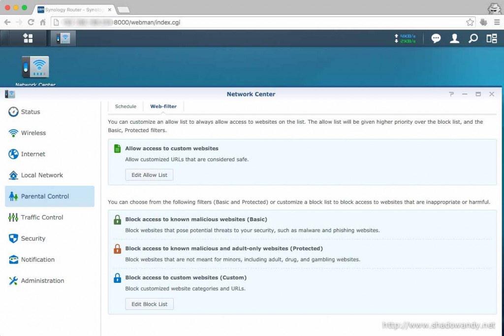 The settings for the Web-filter.