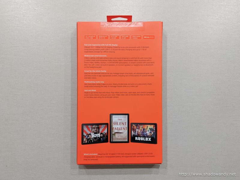 The back of the Fire HD 10 (2021) packaging.