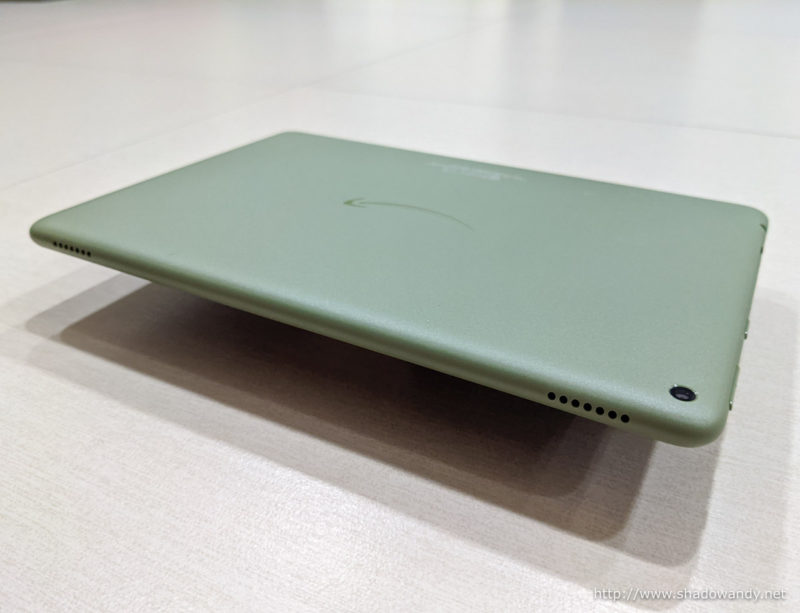 The two speaker grills at the top edge of the Amazon Fire HD 10 tablet.