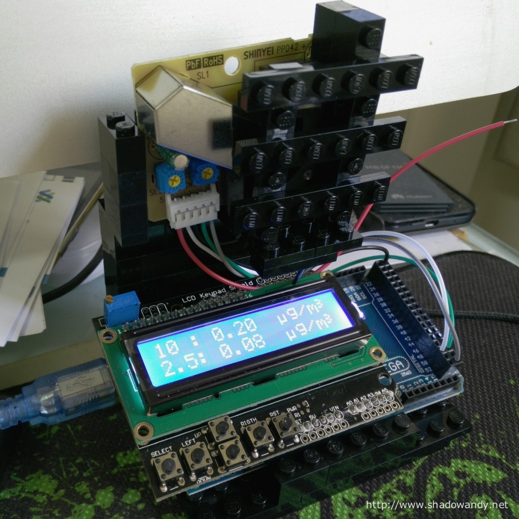 Put together a dust sensor using Arduino Mega 2560, Shinyei PPD42NS dust sensor and LCD shield.