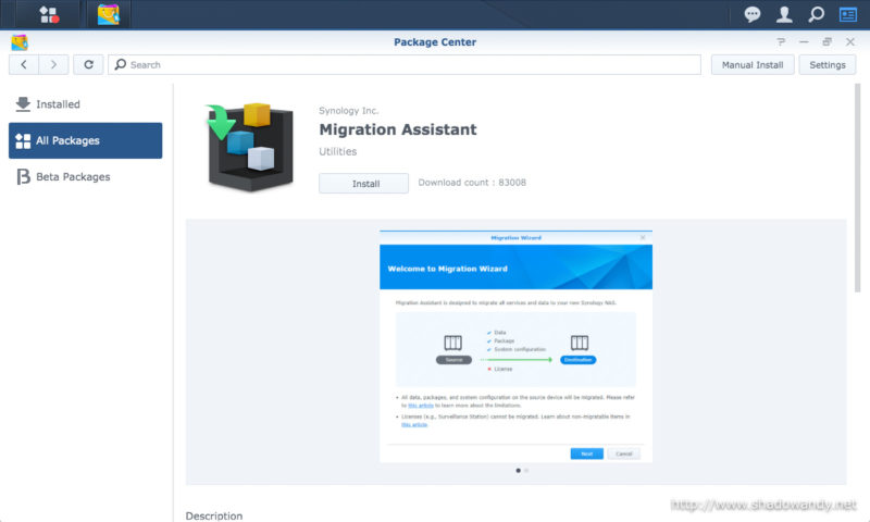 Installing Migration Assistant on the destination NAS (DS1821+).