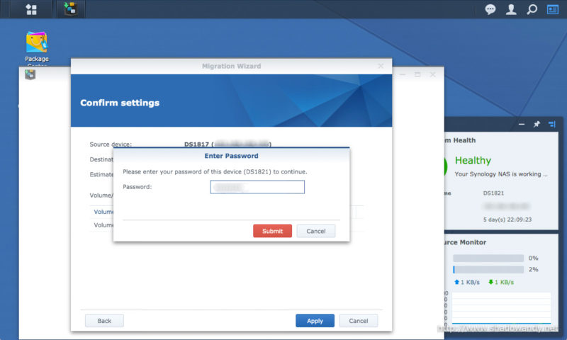 Supplying the administrator password to the destination NAS (DS1821+).