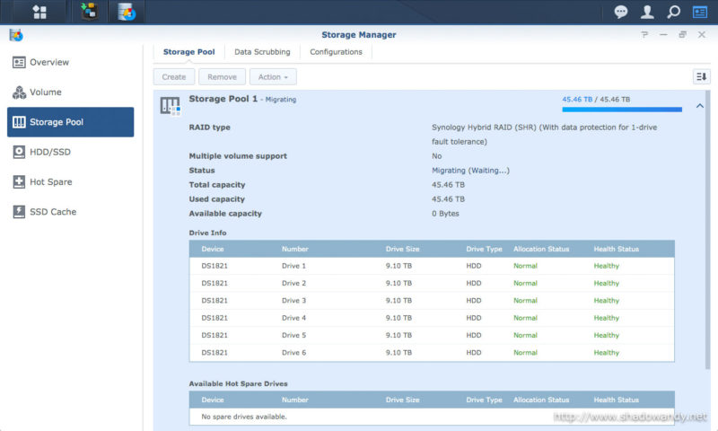 The storage pool on the destination NAS (DS1821+) in migration status.
