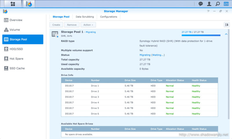 The storage pool on the source NAS (DS1817+) in migration status.