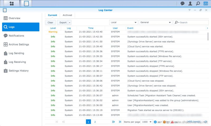 The logs on source NAS (DS1817+) shows a new user has been created for this migration. It also show the temporary stopping and restarting of services.