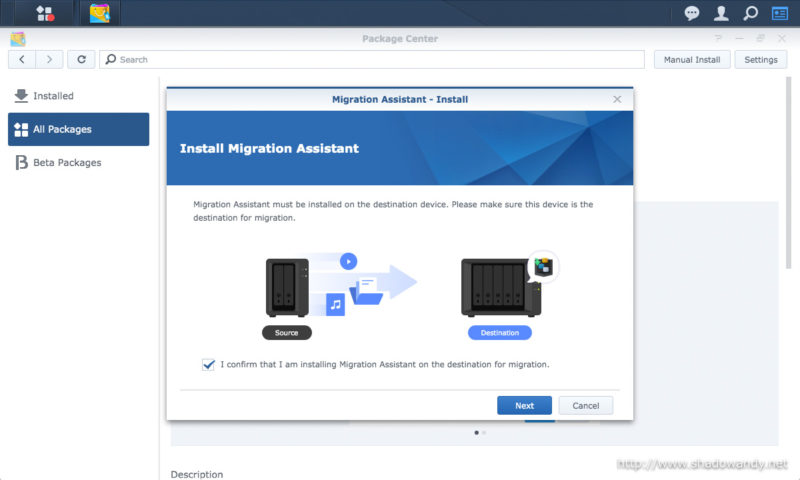 Installing Migration Assistant on the destination NAS (DS1821+).