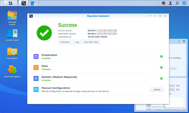 The migration from DS1817+ to DS1821+ using Migration Assistant completed successfully.