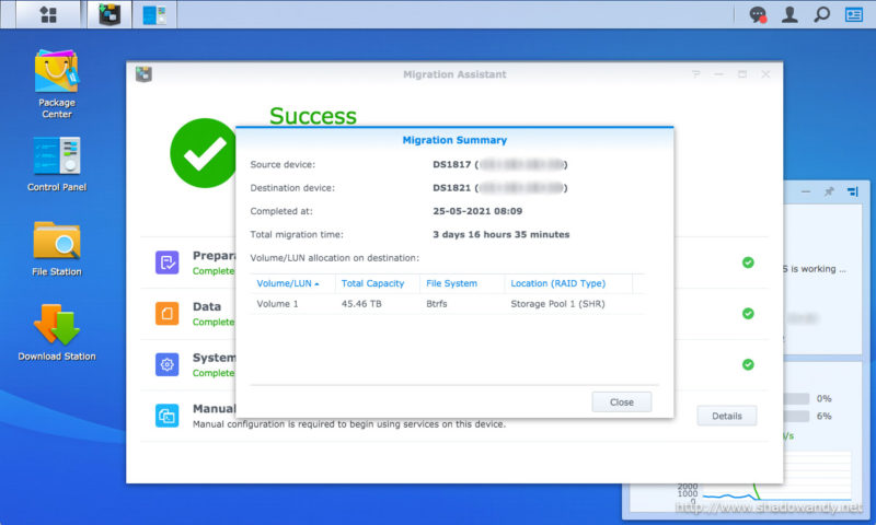 The migration from DS1817+ to DS1821+ using Migration Assistant completed successfully.