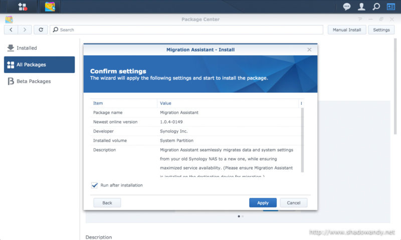 Installing Migration Assistant on the destination NAS (DS1821+).