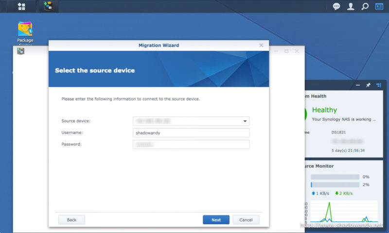 Supplying information of the source NAS (DS1817+).