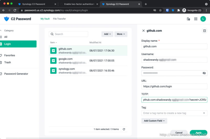 Adding an vault item for Github.com with my credentials and TOTP secret.