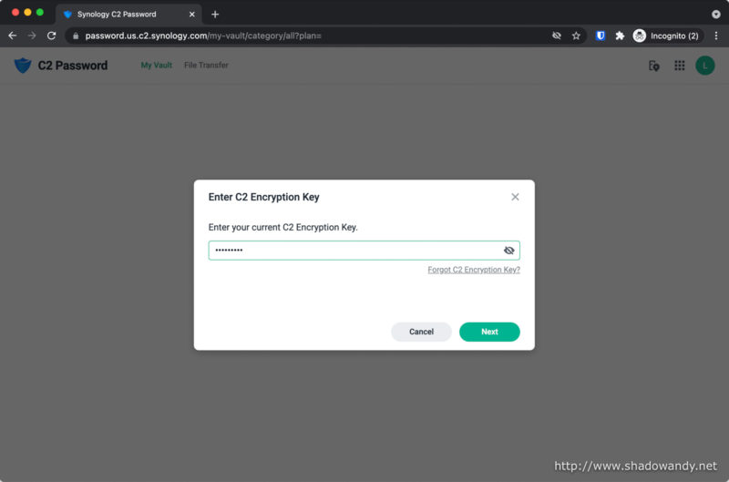 All subsequent logins to C2 Password requires your to key in your C2 Encryption Key.