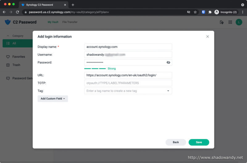 Filling up the information for my Synology account.