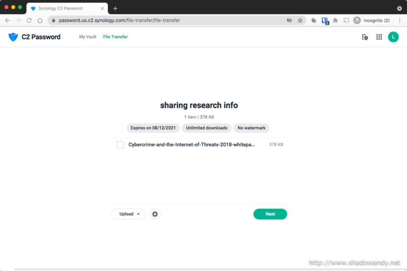 Summary of the file transfer before sharing.